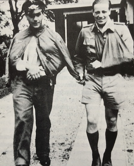 Erich Handke and Martin Drewes leaving the first aid station after receiving care following the crash of their night fighter between Tubbergen and Reutum. Obviously happy to be alive! Courtesy M. Klaassen.