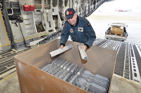 Halifax LW682- Aluminium ingots in a CAF C-17 en route to London, England and the Bomber Command Memorial. Courtesy bombercommandmuseum.ca